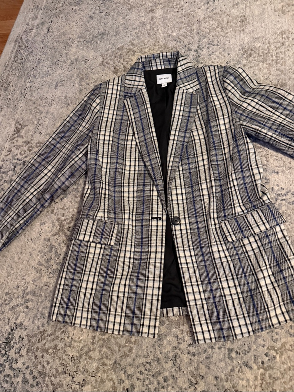 Nine West Plaid Single-Button Blazer in White, Gray and Blue